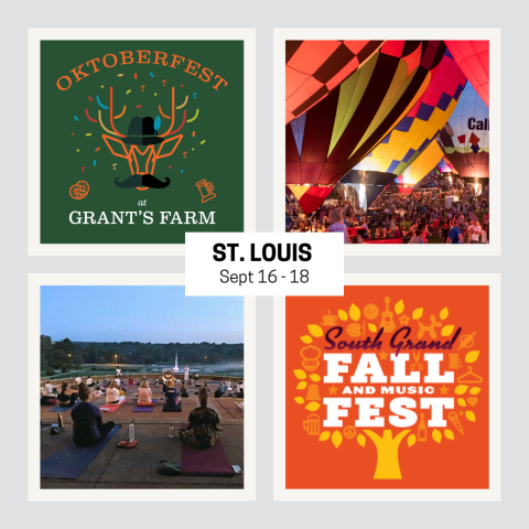 images representing events in st louis like Oktoberfest at Grant's Farm, the Balloon Glow at Forest Park, Sunrise Yoga and South Grand Fall and Music Fest.