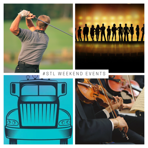 Four images showcasing events in St. Louis September 9-11, 2022: golfer, chorus line on stage, big truck and orchestra instruments. St. Louis Weekend Events.