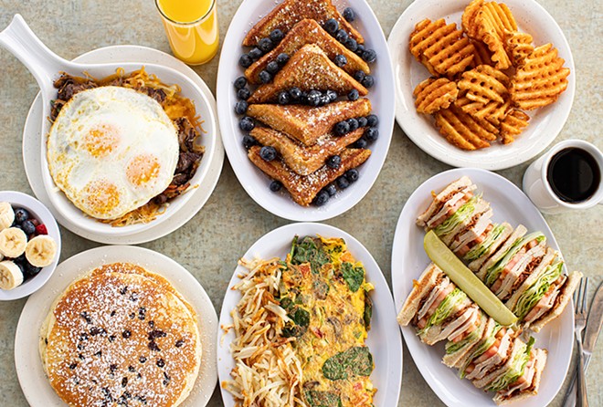 Silver Pancake in Warson Woods s a top St Louis breakfast spot. Shown is an overhead image of six different breakfast/brunch/lunch food items.