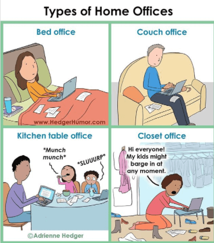 cartoon depicting four types of home offices: Bed office, couch office, kitchen table office, closet office.